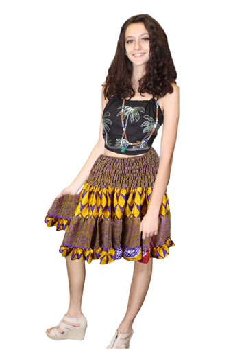 Womens Summer Casual Bohemian Mini Skirt Yellow Ruched Flowy  High Waist Short Skirts S/M